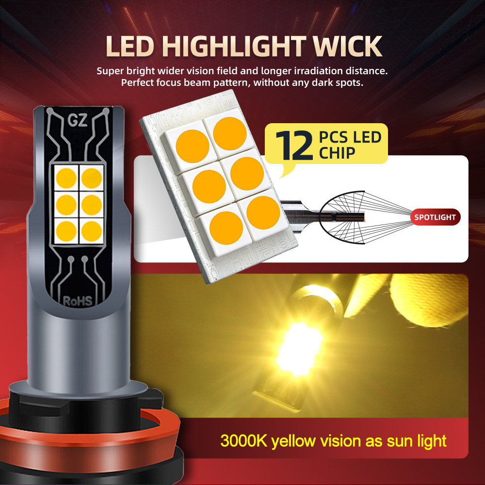 Led Fog Light H11 3000K Yellow - 2 stuks LED-mistlampen, Canbus, H8, H9,