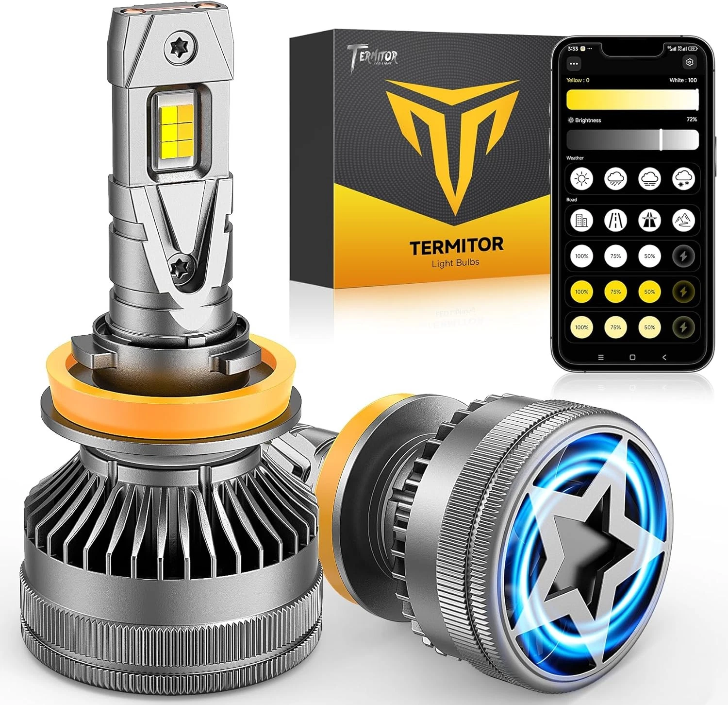 Led Fog Light H11 3000K Yellow - Termitor Smart H11/H8/H9/H16 LED-koplamp, 0-200000LM, 2000%